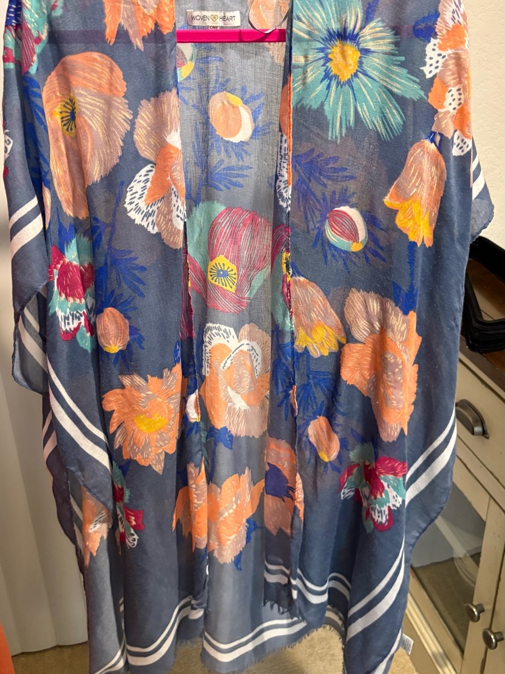Woven Heart Navy Floral Sheer Kimono with Peach & Teal Blooms